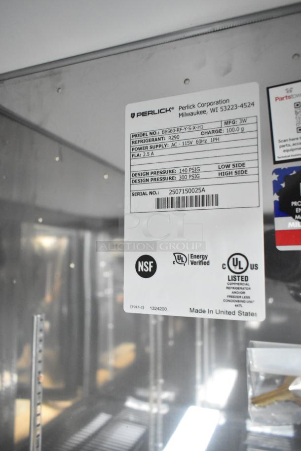 BRAND NEW Perlick BBS60-RF-Y-S-X-H1 60" Black Solid Door Back Bar Refrigerator with minor scratches. NSF and UL listed. Model tag visible.