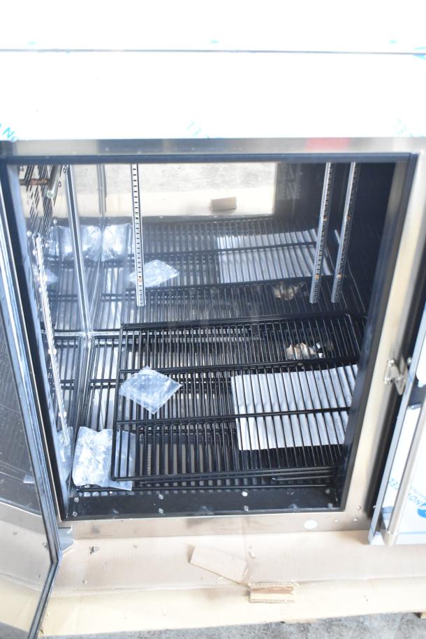 Perlick BBS60-RF-Y-S-X-H1 60" commercial refrigerator, brand new with minor scratches, black solid doors, spacious shelving.