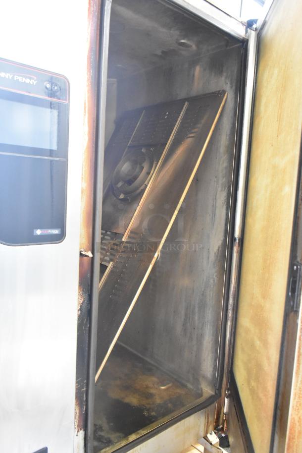 2023 Henny Penny FPGM22172007 commercial gas convection oven with interior view, pan transport rack, 200,000 BTU.