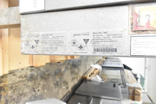 2023 Henny Penny natural gas roll-in rack combi convection oven, model FPGM22172007, 200,000 BTU, shown with labels.