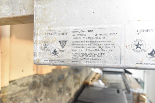 2023 Henny Penny FPGM22172007 commercial gas convection oven label; details serial number, model, and safety certifications.