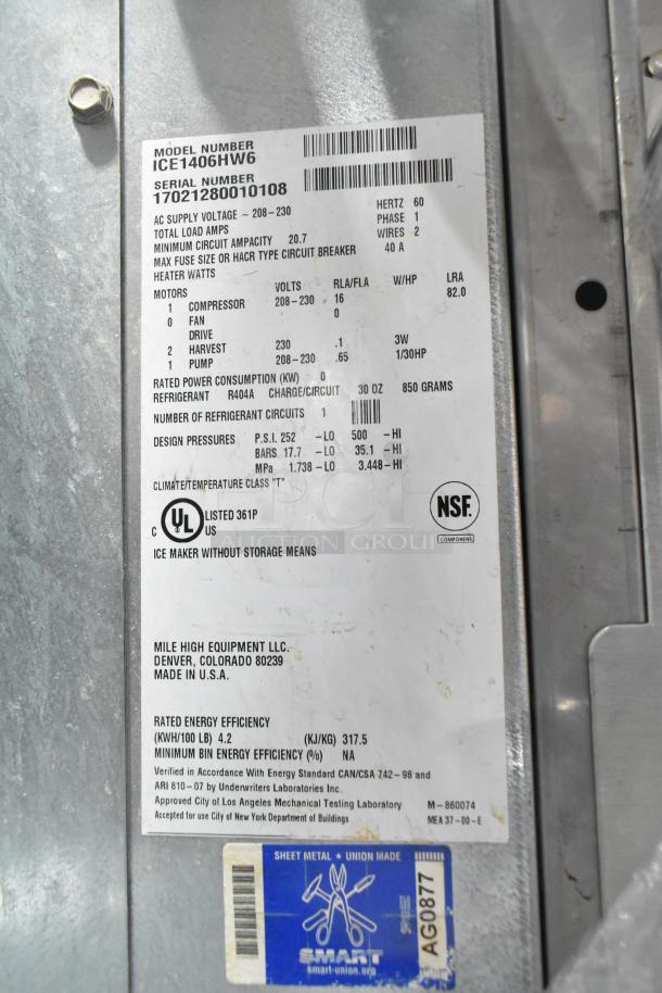 2017 Ice-O-Matic ICE1406HW6 Commercial Ice Head data label, showing 208-230V, 1 Phase, 40A fuse rating. NSF certified.