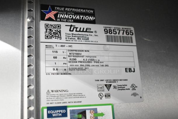 2019 True T-49F-HC commercial freezer label showing model, voltage, refrigerant, and certification details.