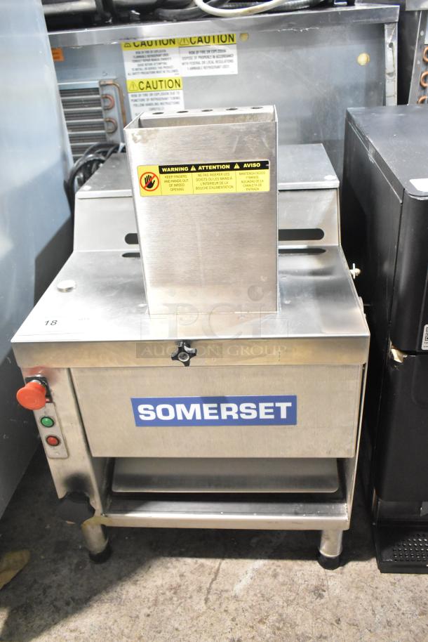 Somerset CDR-170 dough sheeter, commercial countertop model, 110V, 1 phase, stainless steel, visible caution labels.