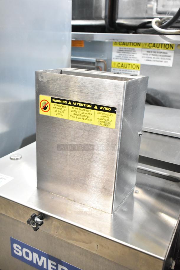 Somerset CDR-170 countertop dough sheeter, stainless steel, 110 volts, 1 phase, warning labels visible on top.