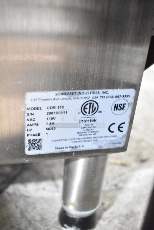 Somerset CDR-170 Commercial Dough Sheeter label, 110V, 1 Phase, 7.5 Amps. Made in the USA, NSF-certified.