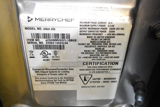 Merrychef eikon e2s commercial high-speed oven label; 208/240V, 1 phase, UL listed, manufactured June 2022, serial 2206213093234.