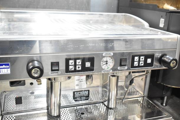 LavAzza commercial 2 group espresso machine with steam wand, stainless steel, 208/240V, 1 phase, counter model.