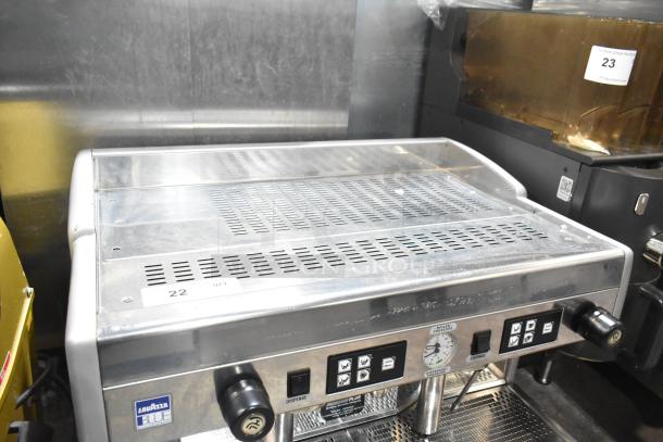 LavAzza commercial 2 group espresso machine, stainless steel, with steam wand. 208/240 volts, 1 phase, used condition.