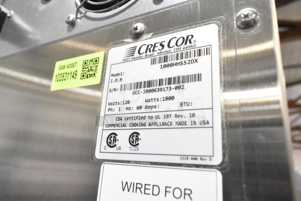 CresCor 1000HHSS2DX heated holding cabinet label, showing 120V, 1 Phase, 1800 Watts details. CSA certified.