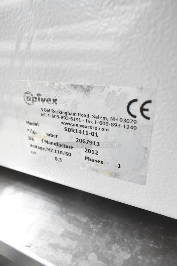 Univex SDR1411-01 dough divider label, showing model, serial number 2067913, 110V, 1 phase, made in 2012.