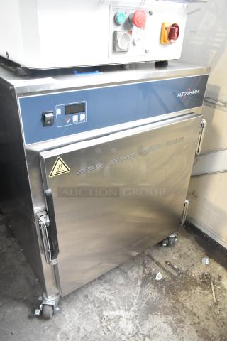 2024 Alto Shaam 750-S heated holding cabinet, stainless steel, on casters, 120V, 1 phase, control panel visible, used condition.
