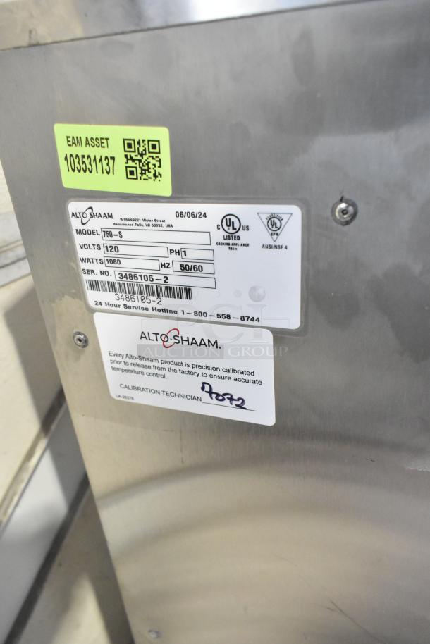 2024 Alto Shaam 750-S heated holding cabinet with commercial casters, in new condition. Visible label: 120V, 1 Phase, UL listed.