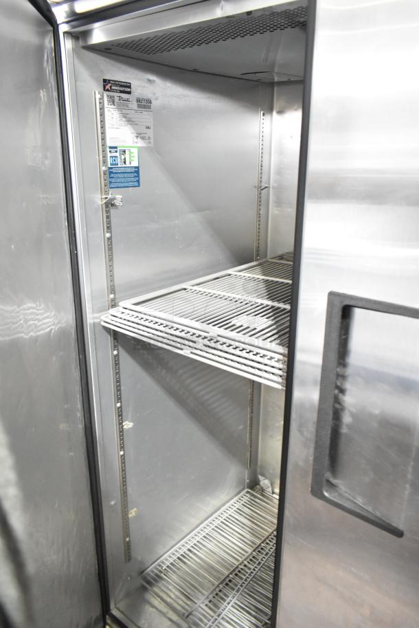 2019 True TG2R-2S-HC commercial cooler, 2 doors, stainless steel, on casters, 115V, 1 phase, interior shelving visible.