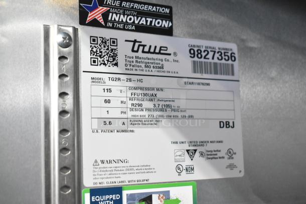 True TG2R-2S-HC 2 Door Reach In Cooler label, 115V, 1 Phase, outline of features and certifications visible.