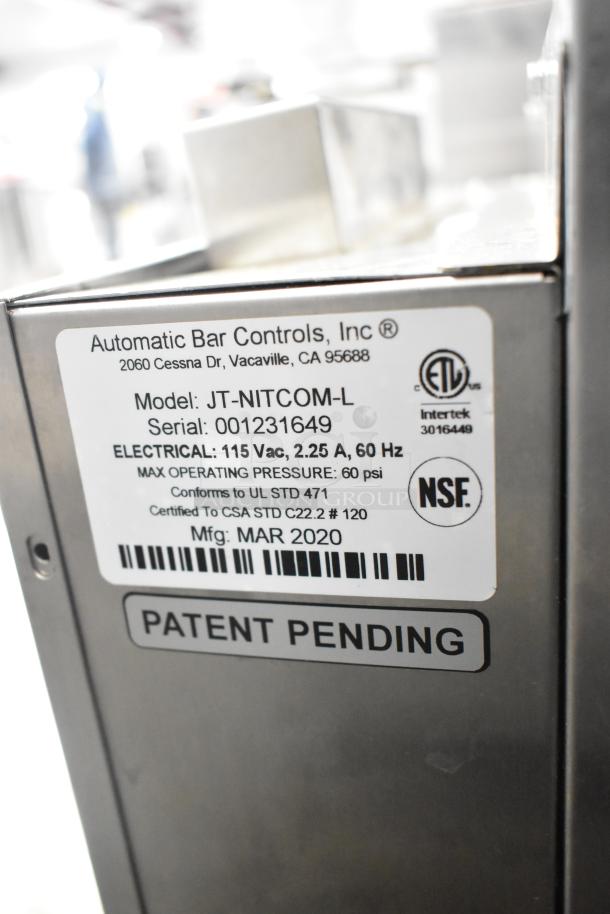 2020 Automatic Bar Controls JT-NITCOM-L stainless steel nitro dispenser, 115V, 1 phase, 60 psi, label showing model and specs.