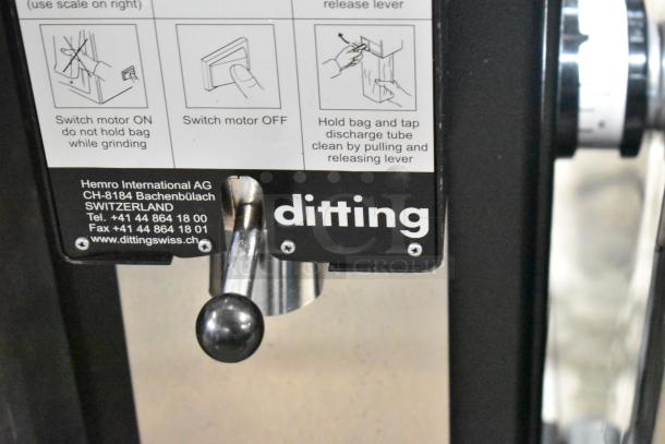 2019 Ditting KR1203 coffee grinder, commercial model, black, 120V, 1 Phase. Instructions and branding visible.