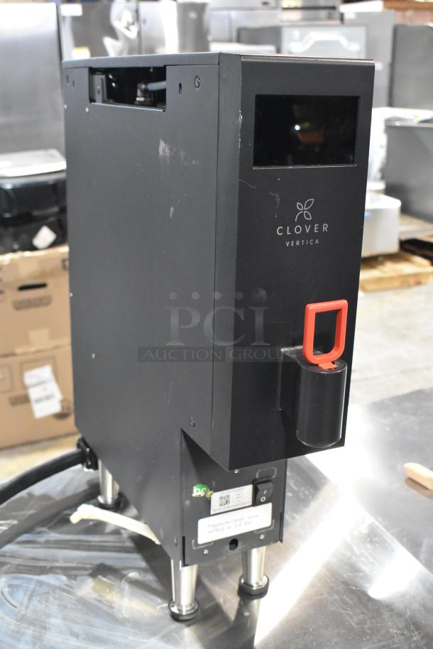 Clover Vertica CM9700 commercial countertop water boiler, black finish, 208V, 1 phase, with red handle and visible brand logo.