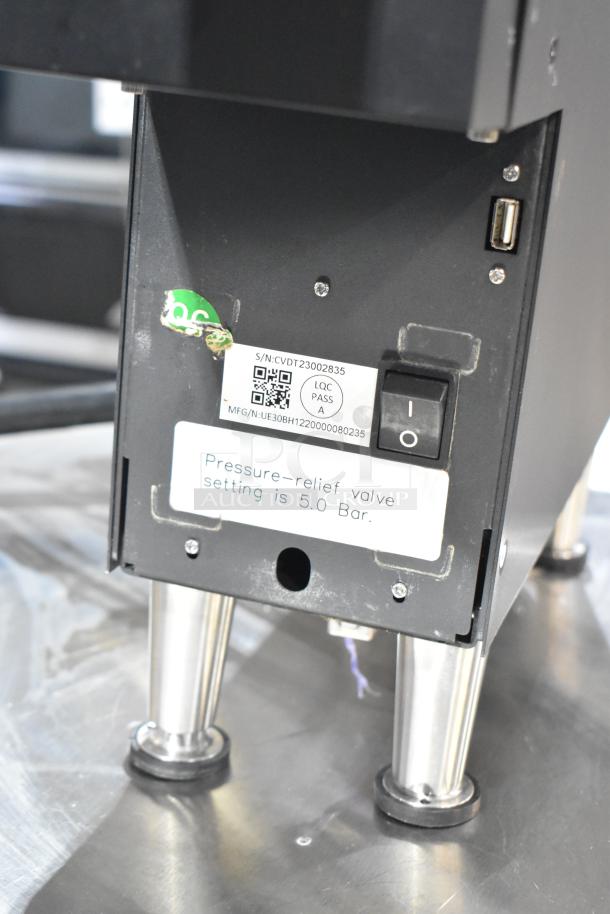 Clover Vertica CM9700 Water Boiler, commercial-grade, 208V, 1 phase. Features pressure-relief valve set to 5.0 bar, LQC pass tag.