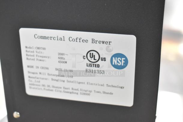 Clover Vertica CM9700 Commercial Water Boiler label. 208V, 60Hz, 6500W. UL and NSF listed. Made in China.