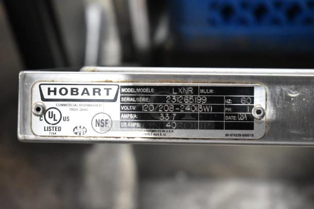 2024 Hobart LXNR stainless steel undercounter dishwasher, 120/208-240V, 1 phase, serial 231265199, NSF certified.