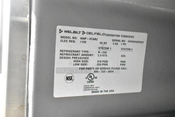 2022 Delfield 406P-STAR2 undercounter cooler label detailing model, voltage, refrigerant type, and certification marks.