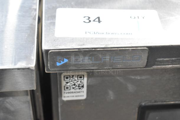 2019 Delfield 406P-STAR2 undercounter cooler with casters, stainless surface, model and QR code visible, for commercial use.