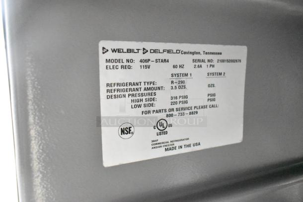 2021 Delfield 406P-STAR4 cooler label, 115V, single phase, NSF listed, R-290 refrigerant, commercial use.