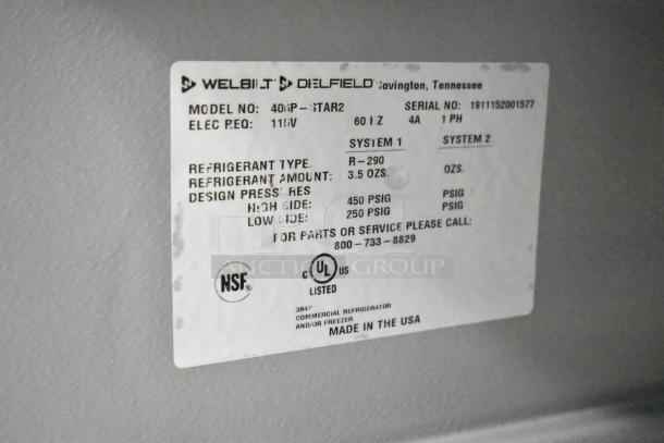 Label on 2019 Delfield 406P-STAR2 cooler detailing model, serial number, and electrical specs. R-290 refrigerant type.