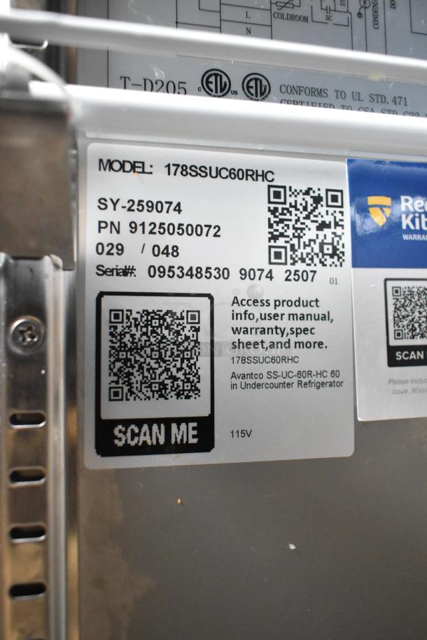 2025 Avantco 178SSUC60RHC Commercial 2-door undercounter cooler, 115V, brand new with scratch and dent, model tag shown.