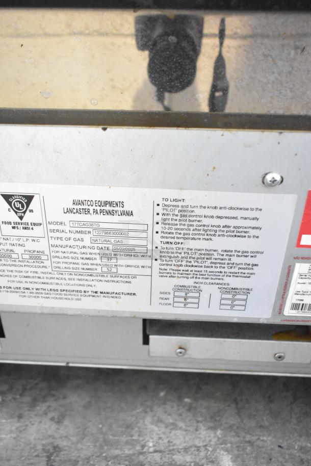2025 Avantco 177CAG36TG commercial griddle label. Details: natural gas, model 177CAG36TG, serial 1227966300002, instructions.