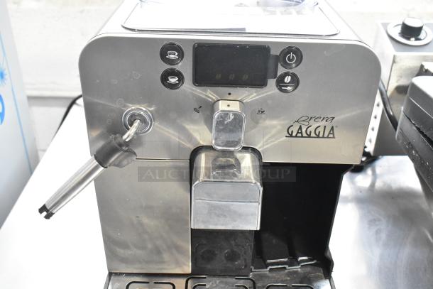 Gaggia Brera Super-Automatic Espresso Machine, stainless steel, 115 volts, 1 phase, front view, showing brand logo and controls.