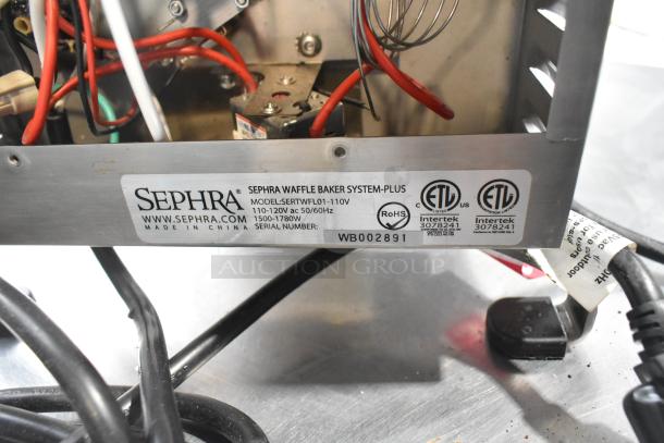 Sephra SERTWFL01 Waffle Baker System, 110-120V, 1500-1780W. ETL listed, RoHS certified. Serial: WB002891. Made in China label.