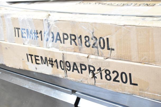 2 new scratch and dent Regency 20 Pan End Load Bun/Sheet Pan Racks, item #109APR1820L, unassembled, with non-marking casters.