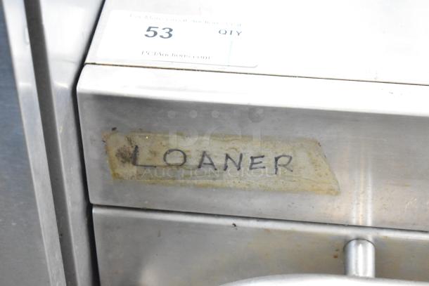 Amana AXP20 commercial countertop oven, 208/230 volts, 1 phase, with "LOANER" label. Visible auction tag "53".