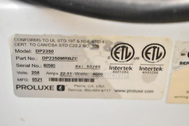 Label of 2021 Proluxe DP2350 Commercial Dough Press. Shows model, part number, serial number, voltage, and standards.