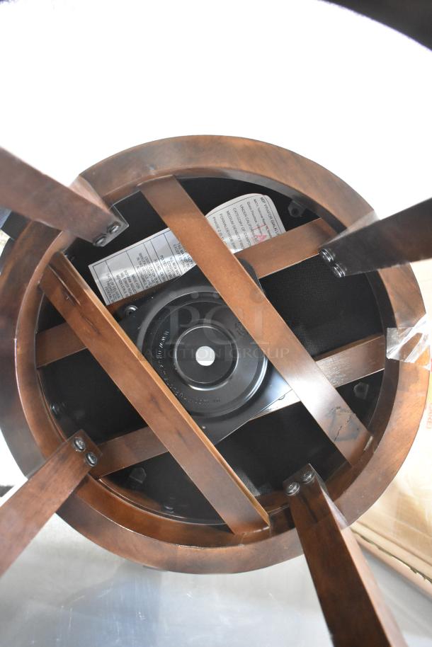 Wood Pattern Bar Height Chair, wooden frame, metal swivel mechanism, visible safety labels, excellent condition.