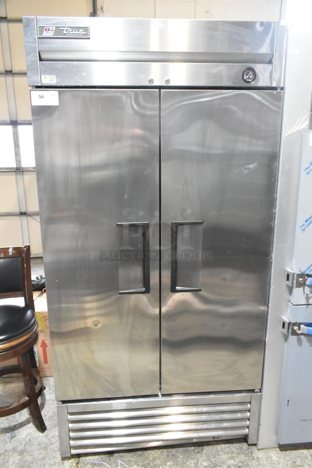 2019 True T-35 Commercial 2 Door Reach In Cooler, stainless steel, 115 Volts, 1 Phase. Visible True logo on top.