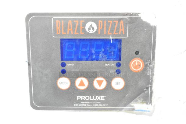 2021 Proluxe DP2350 Commercial Countertop Dough Press control panel with Blaze Pizza branding, buttons, and display.