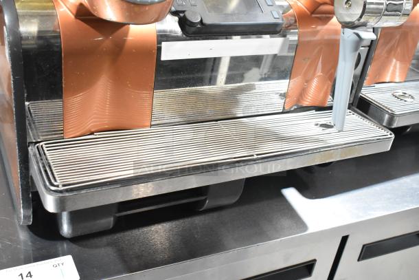 Thermoplan Mastrena commercial espresso machine, stainless steel and copper finish, in good condition, 250 volts.