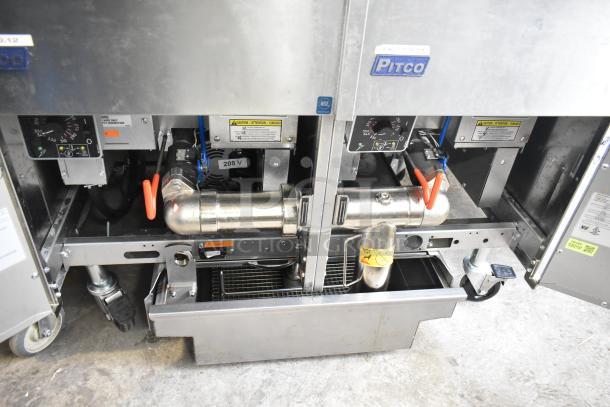 2024 Pitco Frialator SE18 electric fryer with filtration, commercial casters, 208V, 3-phase. Features Pitco labels.
