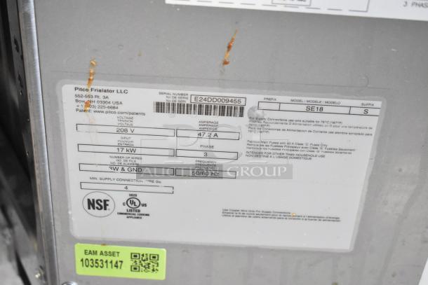 2024 Pitco Frialator SE18 fryer label showing model, 208V, 3-phase, 17kW, NSF certified, asset tag 103531147.