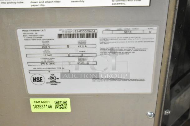 2024 Pitco Frialator SE18 Fryer label showing 208V, 3-phase, 17kW specs, NSF certified. Appears in excellent condition.