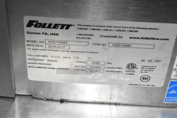 2019 Follett HCD710ABT Horizon Elite 22 3/4" Air Cooled Chewblet Ice Machine label, model HCD710ABT, 115 volts, R404A refrigerant.