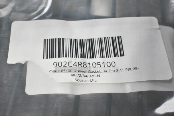 Barcode with code "902C4R8105100" on a drawer gasket package, size 34.2" x 8.4", labeled for PRCBE-48/72/84/92R-N.