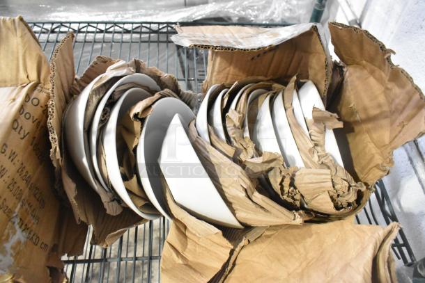 Brand new International Tableware Dover 11" white wide rim porcelain plates and Acope bowls with minor packaging damage.