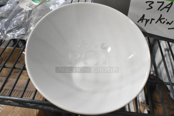 Scratch and dent Acope bowl; new condition, white ceramic. Tags indicate multiple bidding opportunity.
