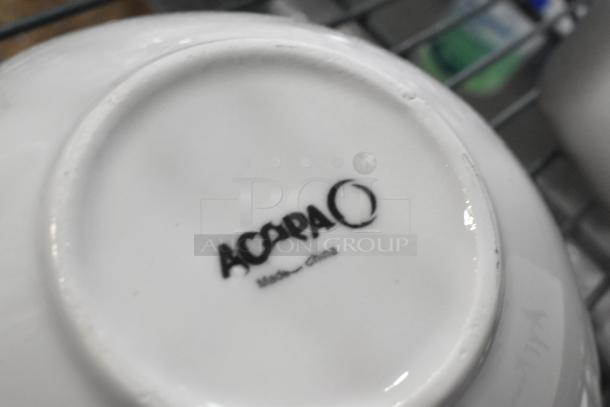 White Acopa bowl bottom with black logo and "Made in China" marking, shown as new scratch and dent item.