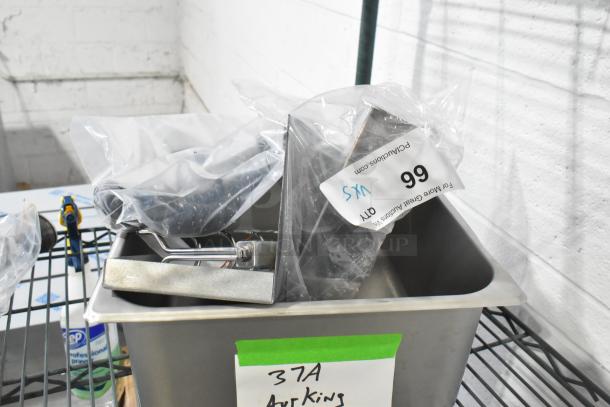 5 brand new scratch and dent items including Continental drain pan, ref bracket, AyrKing brush hanger, power cord, Winco bin.