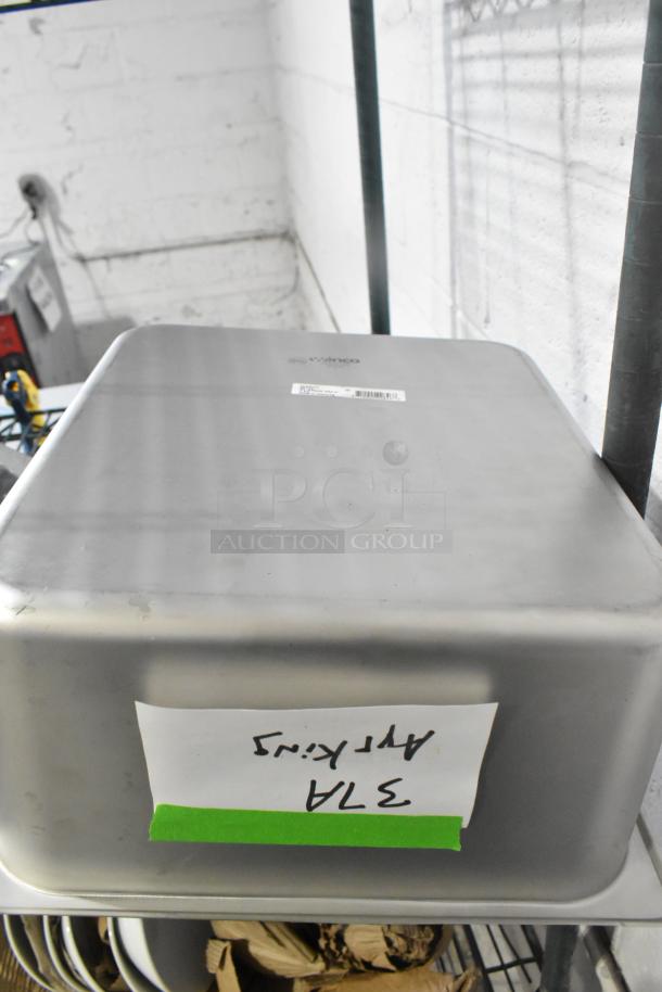 Five brand new scratch and dent items including Continental Refrigerator CM1-3222 Drain Pan and Winco SPTT6 Bin.